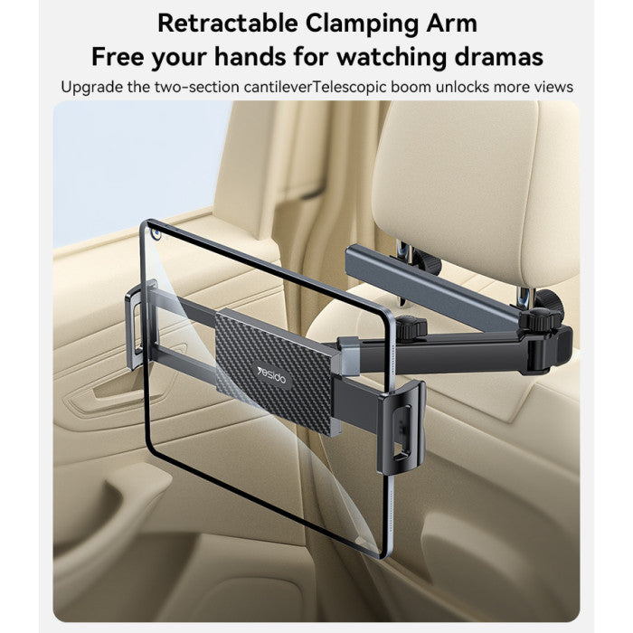 C294 360 Rotating Extra Wide Clamping Arm Long Hip Headrest Car Phone Holder