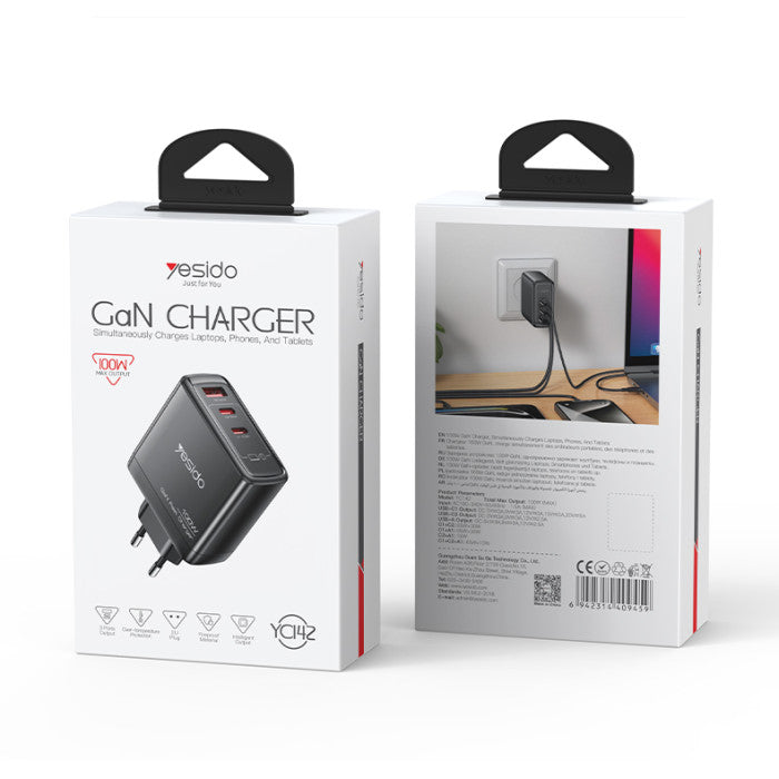 YC142 GaN PD100W Fast Charging Smaller Size 2*USB-C & USB-A Three Ports European Standard Charger