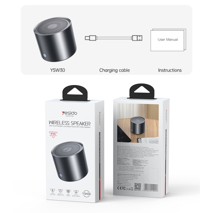 YSW30 Yesido 3W Output IPX5 Waterproof Bass Diaphragm BT5.0 700mAh Battery Mini Wireless Speaker.