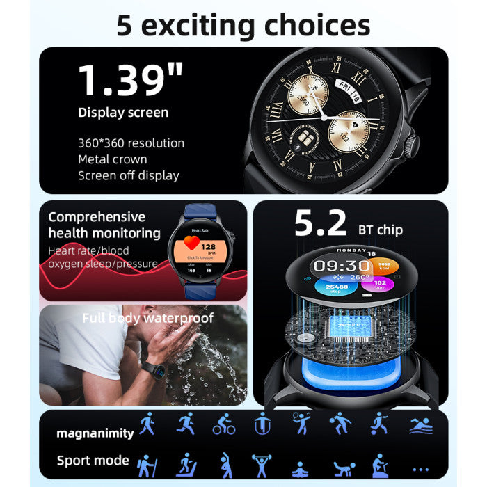 Smart Watch BT5.2 – Large Screen, Health Tracking & Waterproof