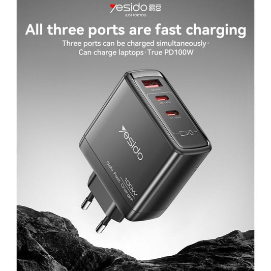 YC142 GaN PD100W Fast Charging Smaller Size 2*USB-C & USB-A Three Ports European Standard Charger