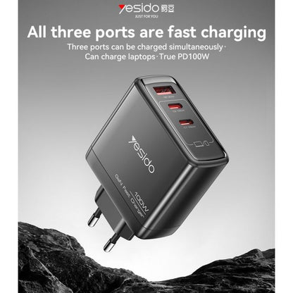 YC142 GaN PD100W Fast Charging Smaller Size 2*USB-C & USB-A Three Ports European Standard Charger