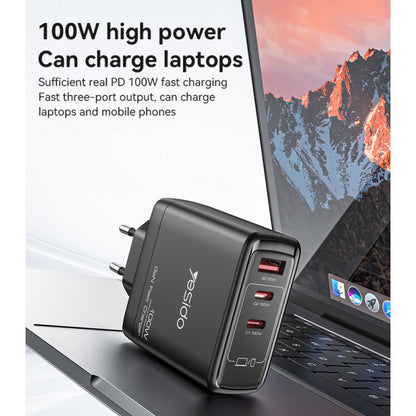 YC142 GaN PD100W Fast Charging Smaller Size 2*USB-C & USB-A Three Ports European Standard Charger