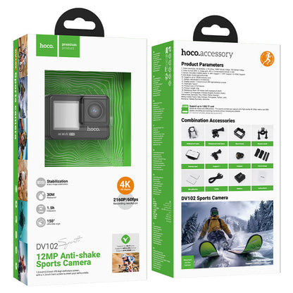 DV102, dual-screen sports HD action camera, 4k / 60fps video resolution, 150° field of view, up to 30 meters with waterproof shell