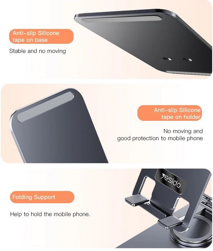 YESIDO  Aluminum Alloy 360 Rotating Folding Desktop Phone Holder